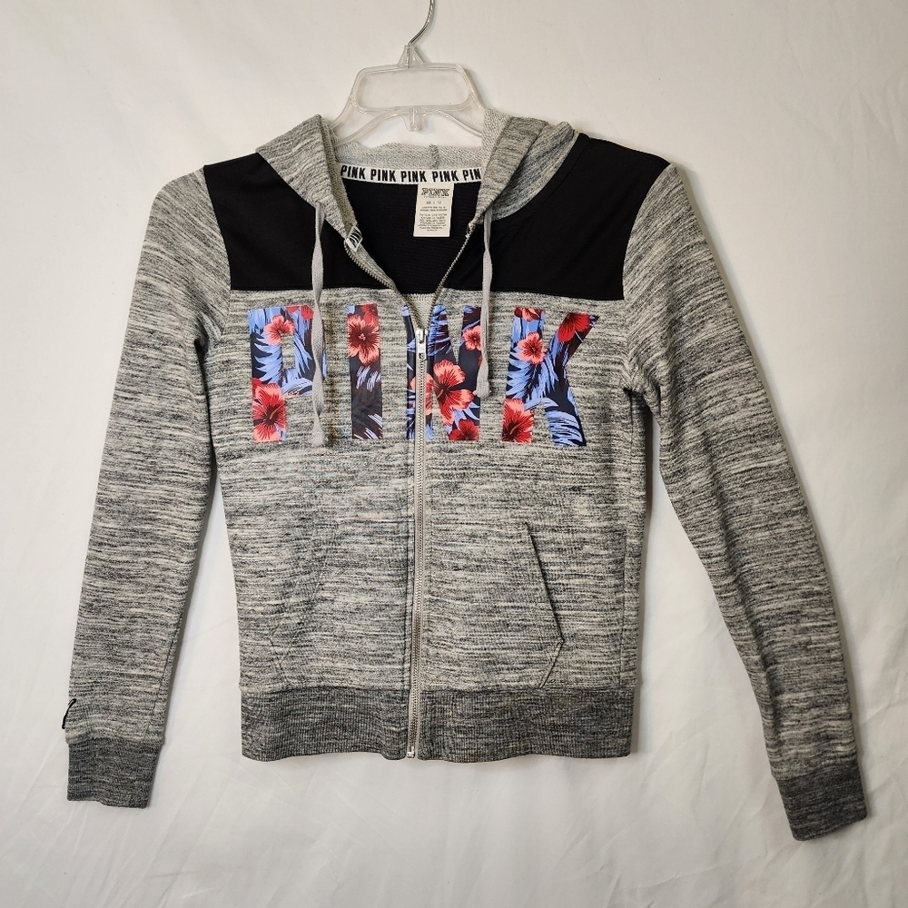 PINK  Black/Gray Floral PINK Full Zip Hooded Sweatshirt Size XS